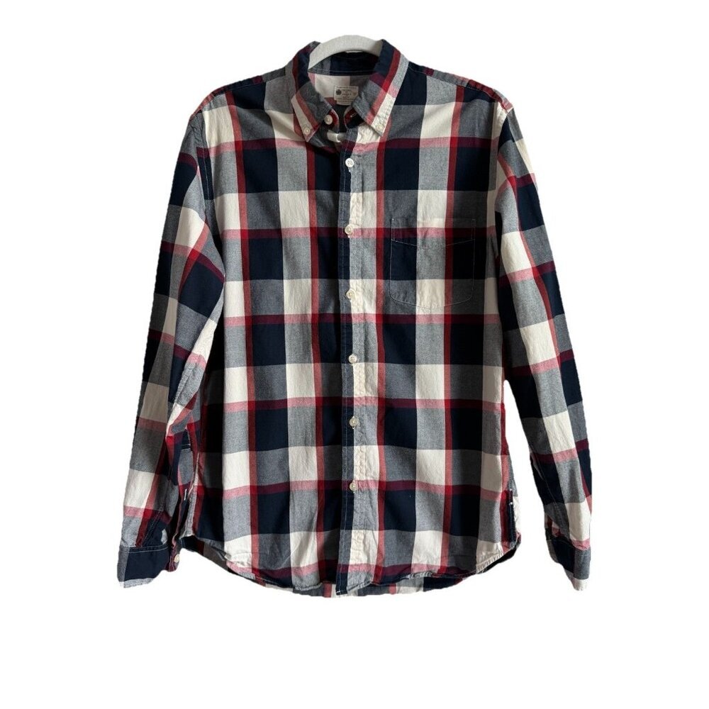 J. Crew Sunwashed Oxford Button Down Shirt Men's Medium Red White Blue Plaid